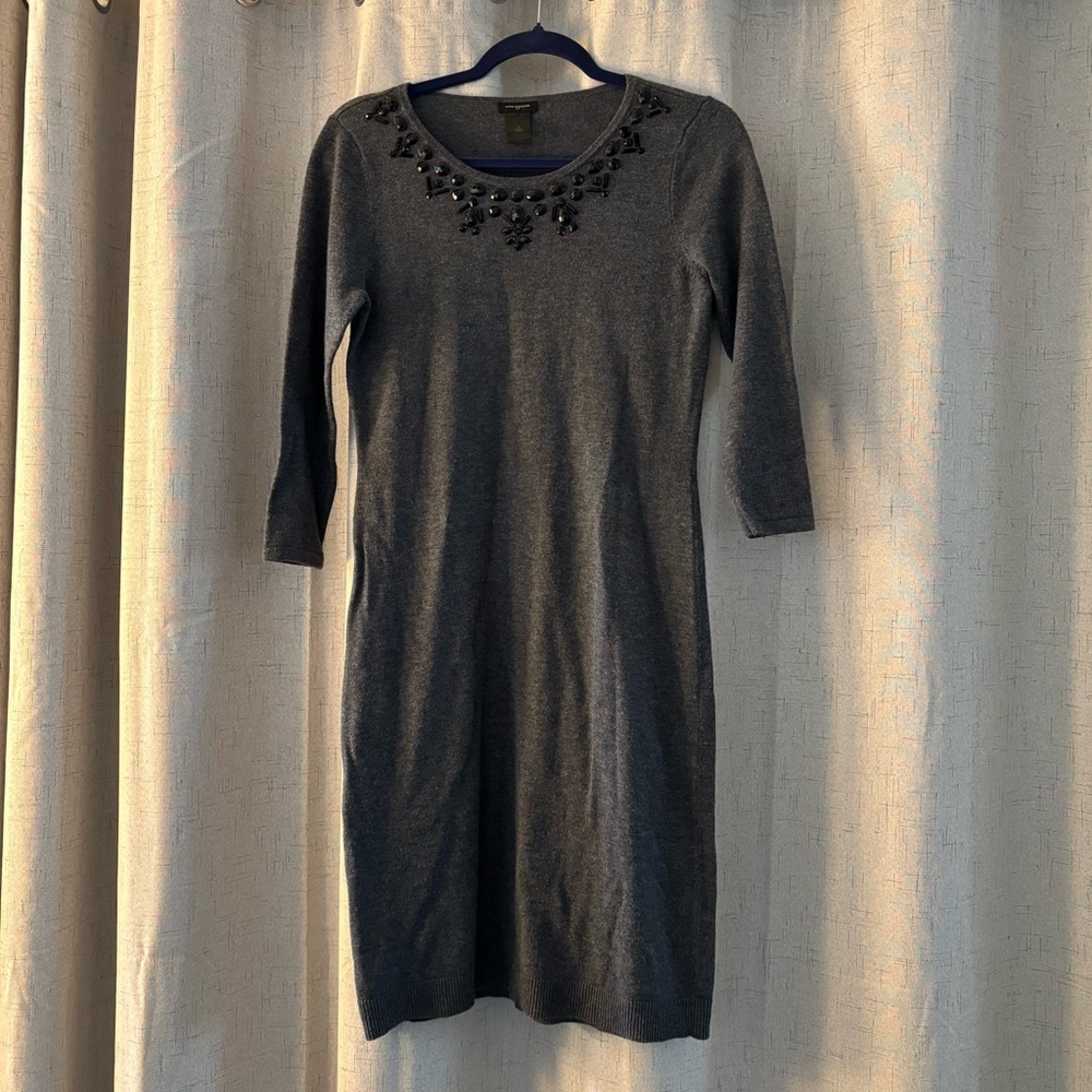 Ann Taylor Size Small Embellished Sweater Dress. Gray with black jewled beading.